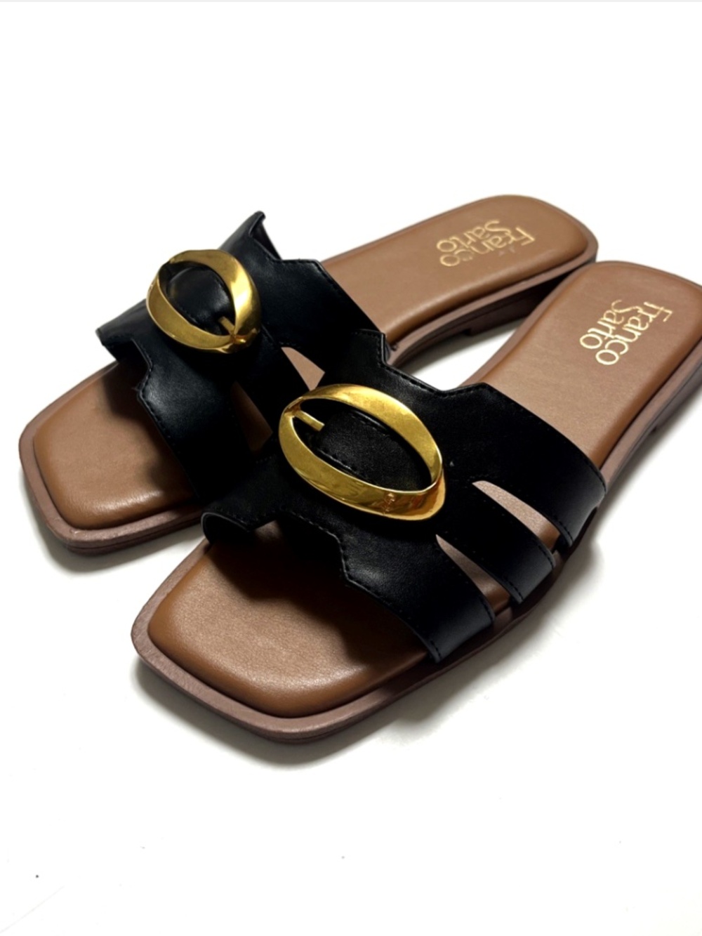 Franco Sarto Milada Black Slide Sandals Gold Buckle Square Toe Size 7 NWOB